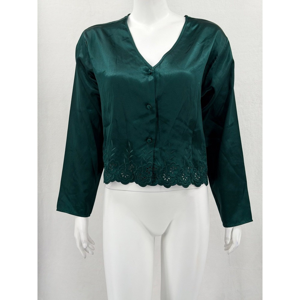 Vintage Victorias Secret Gold Label Top Womens Small Green Satin Embroidered